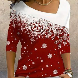 UP TO 50% Off Snowflake Slant V Neck Top, Dressy Print Blouses Casual Tee Top